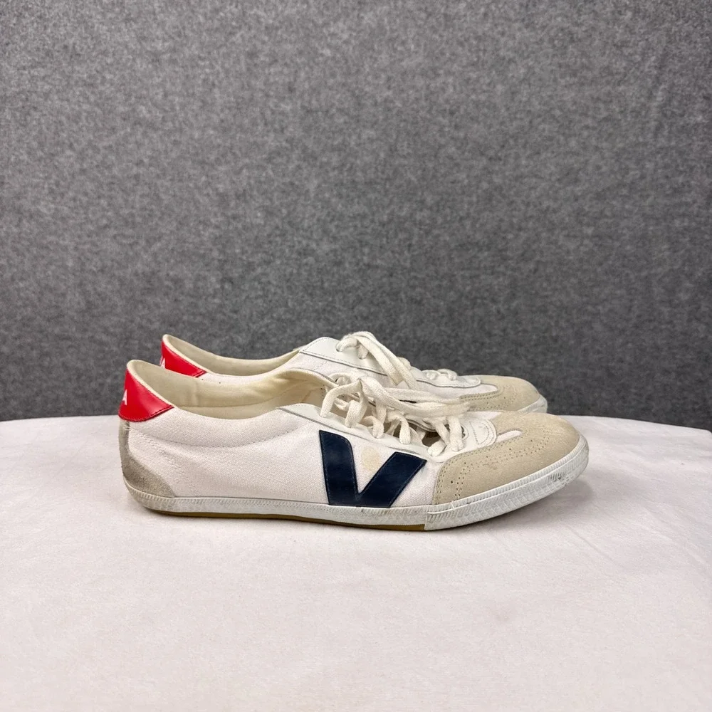 Veja Volley Sneakers Mens 12 White Canvas Navy Blue Logo Red Heel Low Top